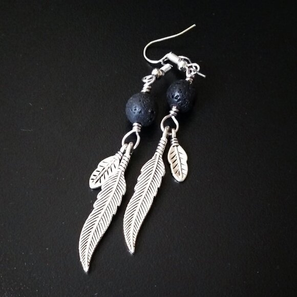 Goth Punk Biker Babe! Extra Long Black Lava Stone + Feather Dangle Earrings - Picture 1 of 7